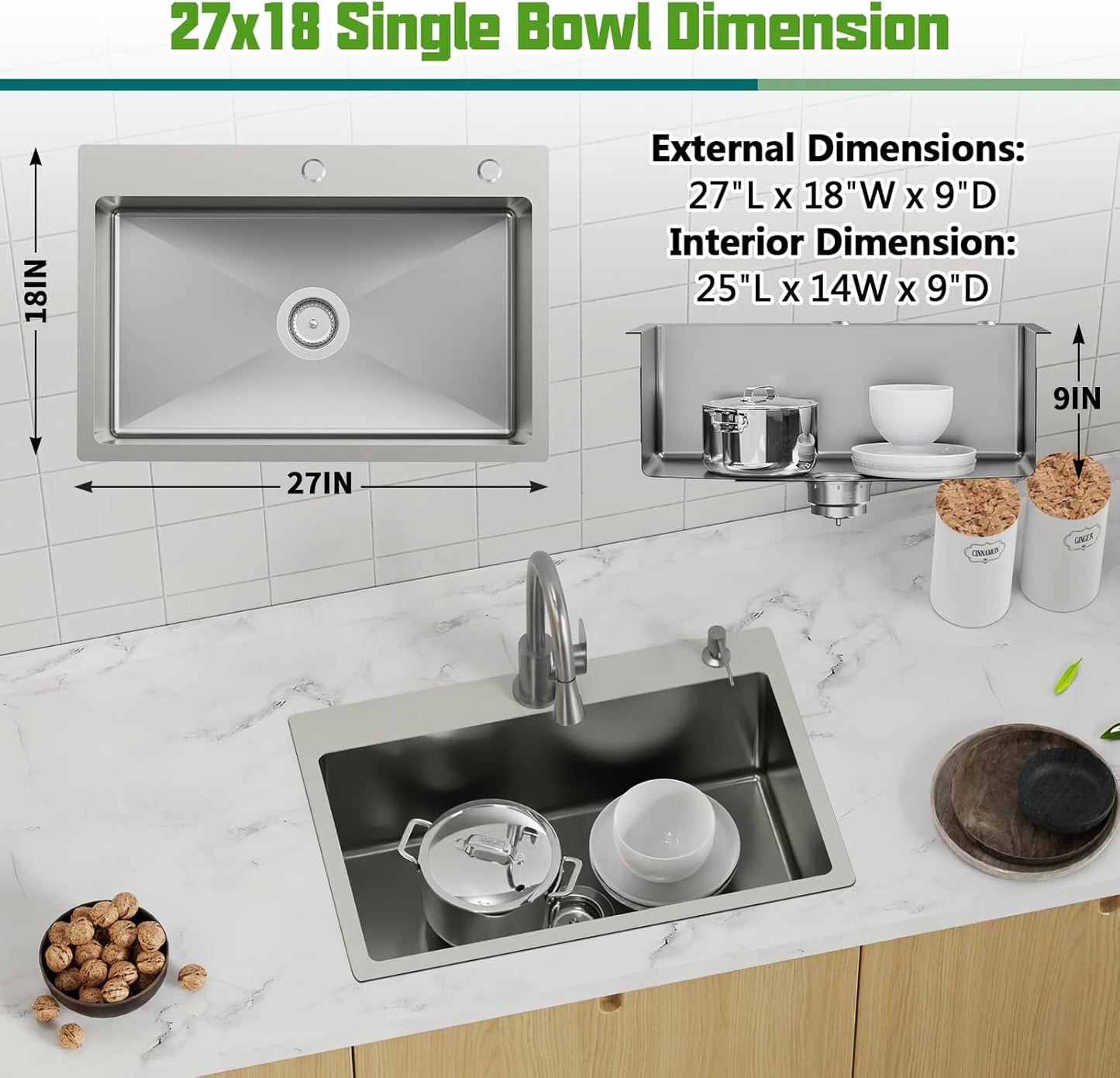 27x18 Inch Kitchen And Bar Sink-Stainless Steel Drop In Kitchen Sink Modern Single Bowl Topmount Bar Sink Come With Silicon Mat,Drain Strainer Set Compatibility With Various Kitchen&Bar Style