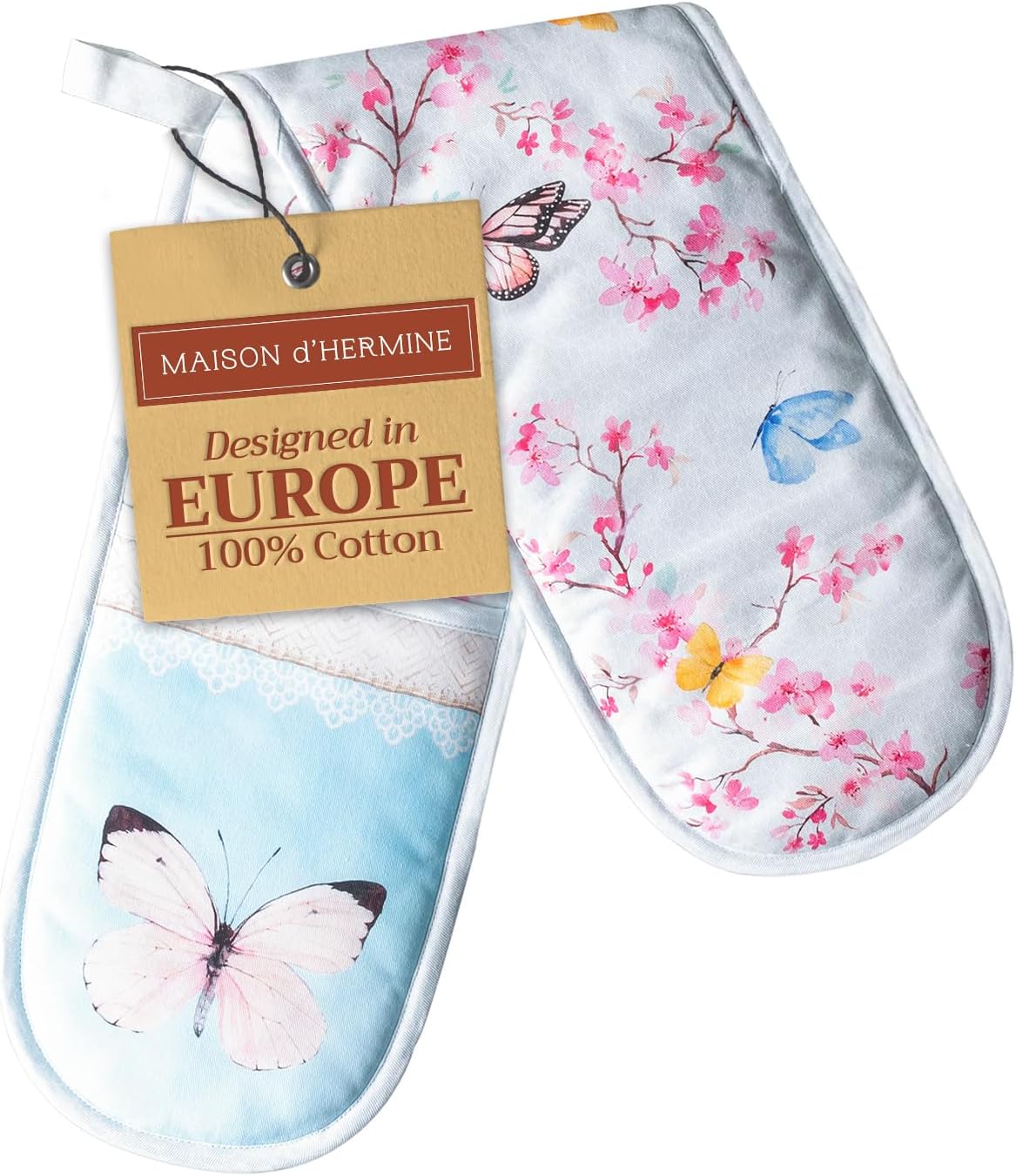 Maison d' Hermine Double Oven Mitts 100% Cotton 7"x35" Double Oven Mitt Heat Resistant BBQ Cooking Gloves with Loop, Baking, Grilling, Kitchen, Handling Hot Pans Spring Summer (Blossoms in Spring)