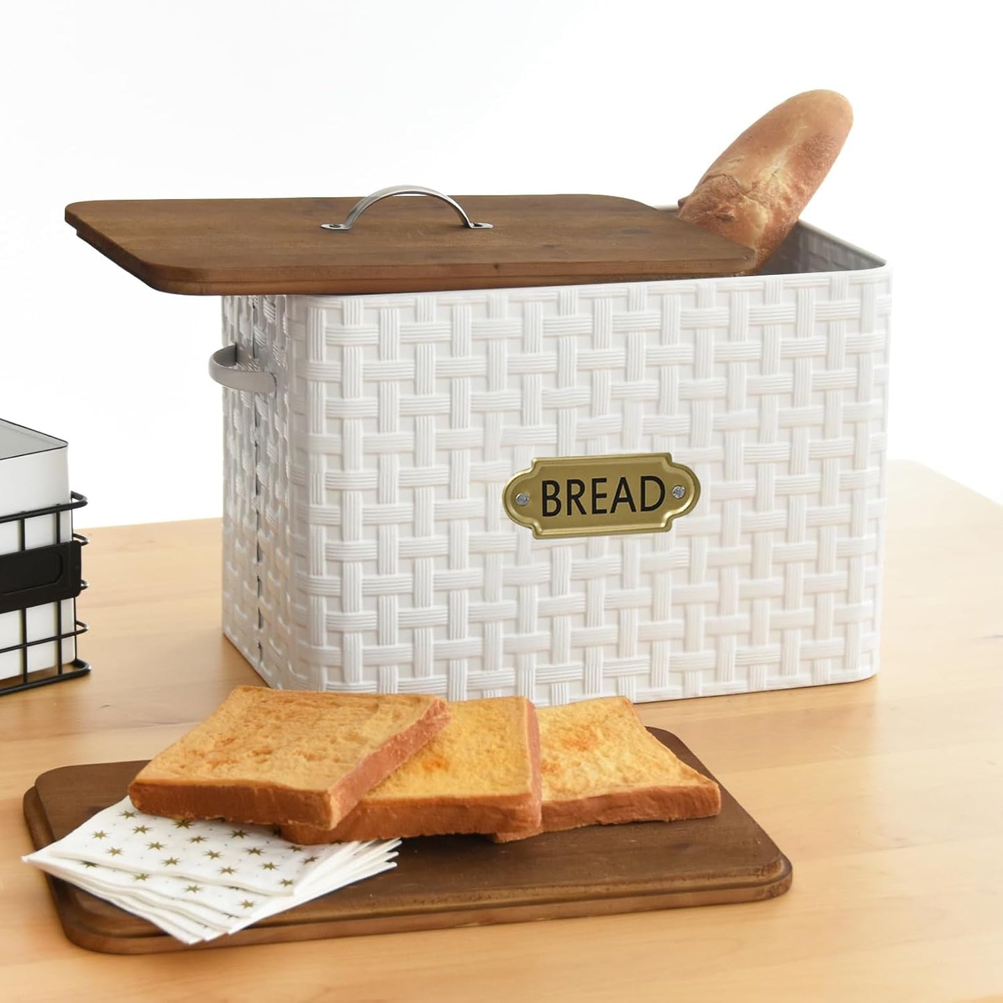 Extra Large Space Saving Farmhouse Bread Box With Wood Lid - Vertical Breadbox Bread Storage Bin Holder for Kitchen Countertop, White