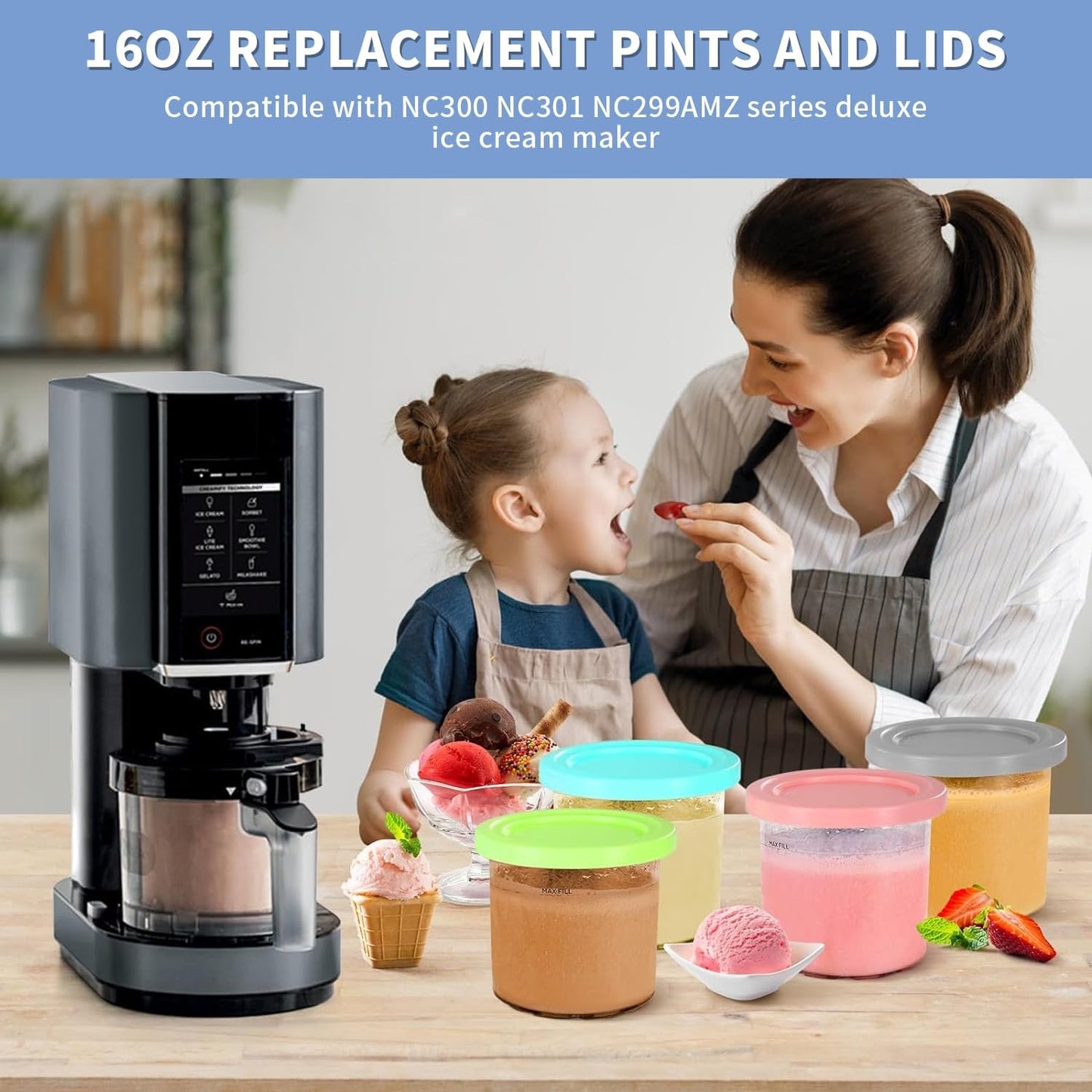 Containers Replacement for Ninja Creami Pints and Lids - 2 Pack, 16oz Cups Compatible with NC301 NC300 NC299AMZ NC290 Series Ice Cream Maker - BPA-Free & Dishwasher Safe