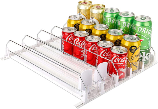 Drink Dispenser for Fridge, Soda Can Organizer for Refrigerator, Adjustable Width Beverage Self-Pushing Glide Rack, Up to 25 Cans Storage for Fridge Pantry (White, 15 Inch, 5 Rows)