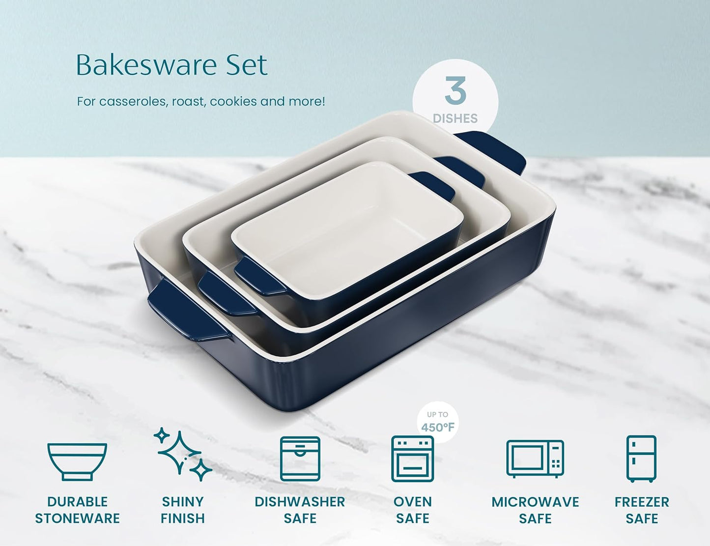Kook Casserole Dish, Ceramic Baking Dish, Large Lasagna Pan Deep for Oven, 8.5 x 14, 11 x 7, 8 x 5, Set of 3, 92oz, 50oz, 20oz, Baking Pan with Handles, Oven Safe and Durable, Home, Gift, (Navy)