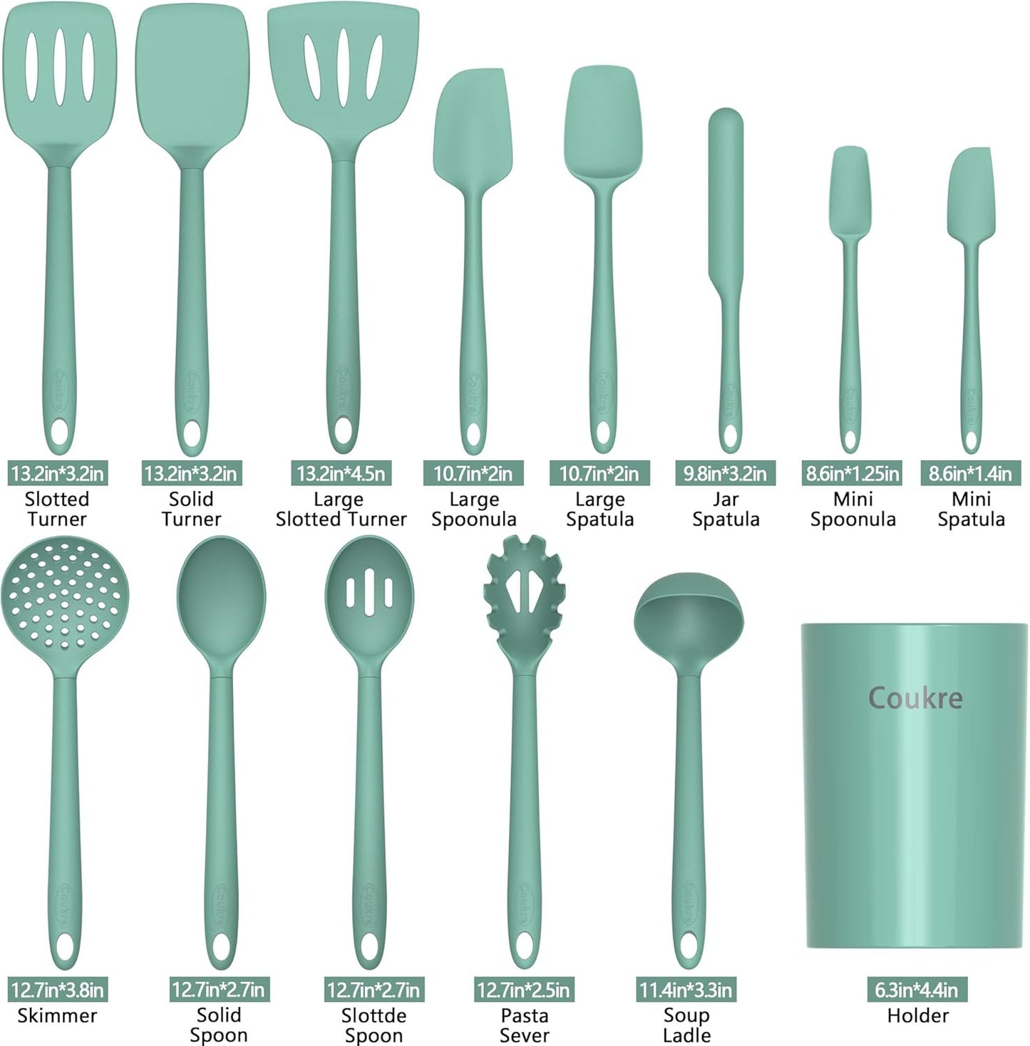 Coukre Silicone Kitchen Cooking Utensils Set with Holder – Heat-Resistant, Food-Grade Kitchen Tools, Spatula, Spoon & Gadgets for Non-Stick Pans, Dishwasher Safe (14, PureAquaGreen)