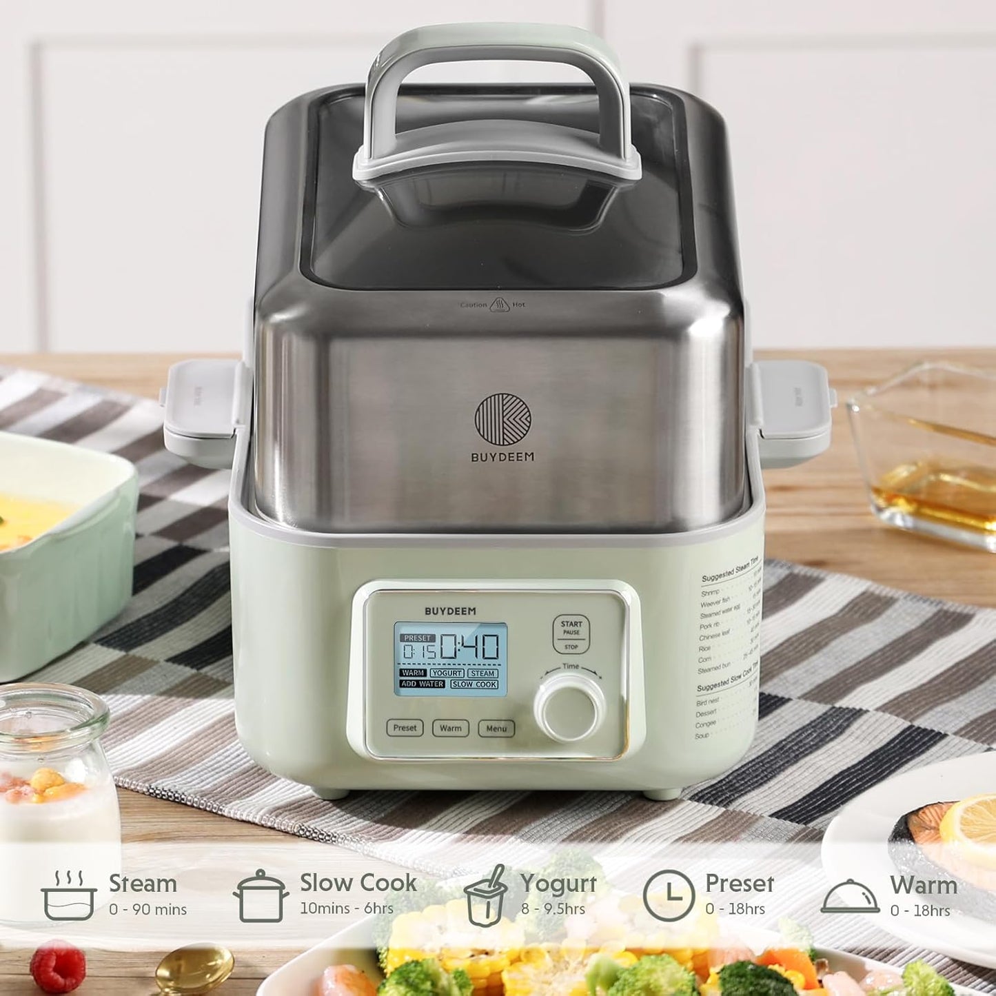 BUYDEEM G553 5-Quart Electric Food Steamer for 2-4 Servings, One Touch Vegetable Steamer for Cooking, Digital Multifunctional Steamer, Quick Steam, Stainless Steel Steamer Tray, No Stew Pots Included