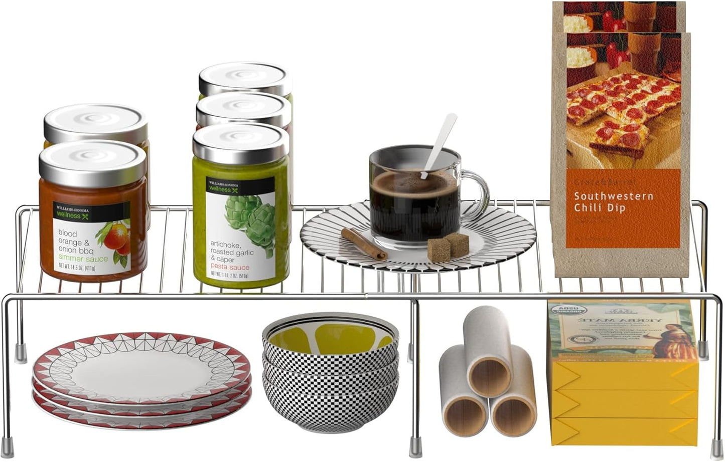 Redrubbit Cabinet Storage Shelf Rack, Expandable Metal Rustproof Kitchen Counter and Cabinet Shelf, Storage Rack Organizer Space Saver for Kitchen, Fridge, Cabinet, Bathroom, Chrome