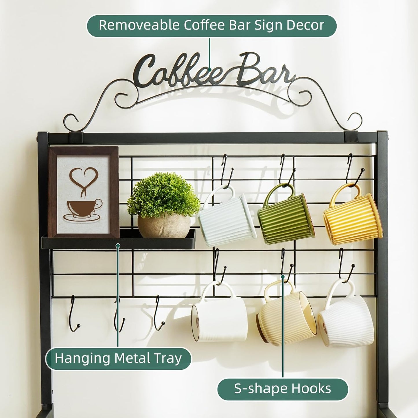 Coffee Bar Cabinet with Storage, Coffee Cart with Wheels, Coffee Station with Coffee Bar Sign and Mug Hook, Corner Coffee Bar Table with Drawer, Bakers Rack for Kitchen Dining Room Living Room Nook