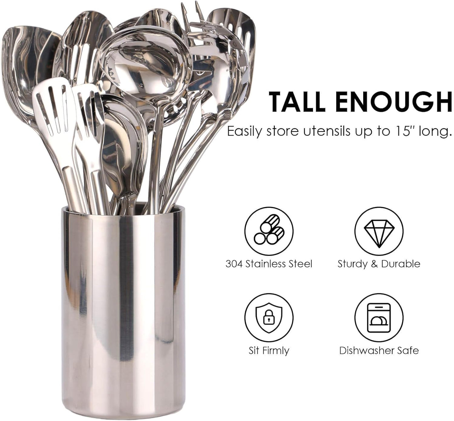 Double Wall Utensil Holder - 304 Stainless Steel Sleek Kitchen Utensil Holder for Countertop, Spatula Spoon Storage Organizer, Large Cooking Utensil Caddy Counter, Shining Utensil Crock, Mirror Polish