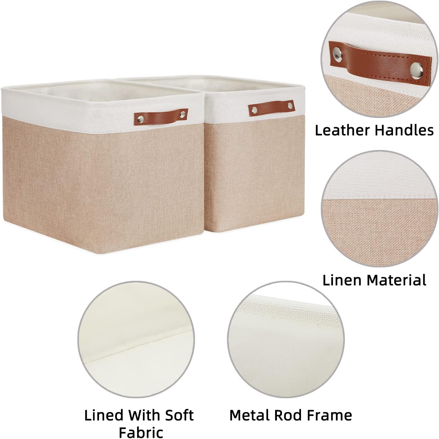 HNZIGE Fabric Storage Baskets for Organizing [2 Pack] Large Canvas Rectangular Storage Bins for shelves 16" X 11.8" X 11.8" Clothes Baskets Collapsible Bins for Closet Linen Organizers (Beige&White)