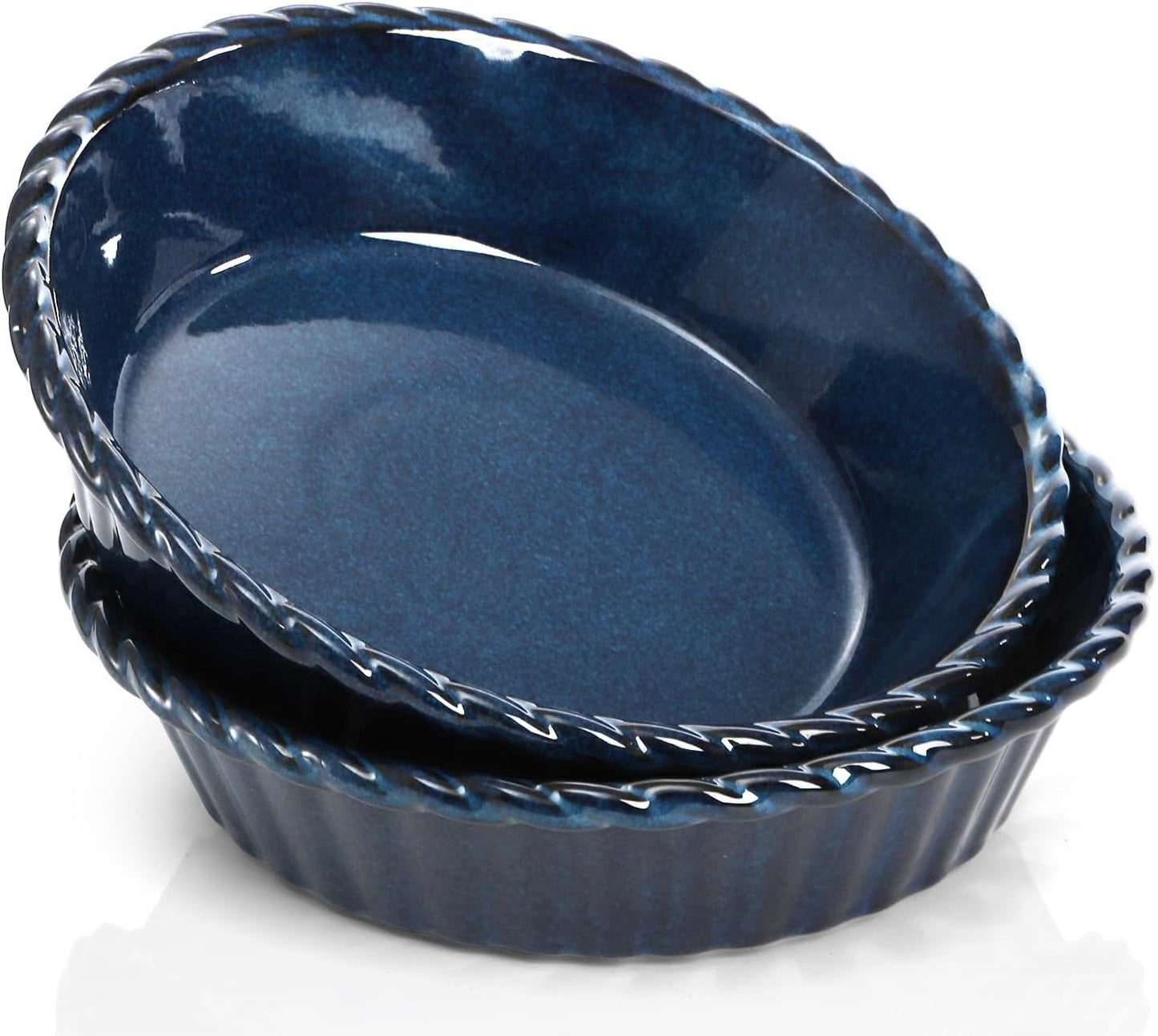 Peohud 2 Pack Ceramic Pie Pans, 10 Inch Deep Fluted Pie Plate, 54 Ounce Round Baking Dish for Quiche, Apple Pecan Pie, Pot Pie, Blue