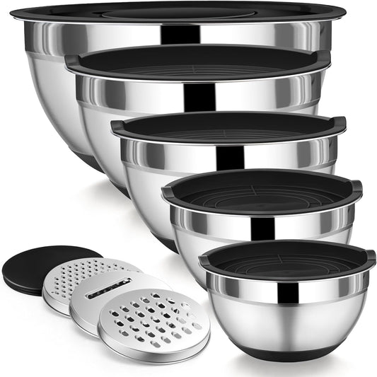 P&P CHEF Mixing Bowl with Lid Set, 5 Piece Stainless Steel Mixing Nesting Bowls for Salad Storage, 3 Grater Attachments & Non-Slip Bottoms, Size 1/1.5/2 / 2.6/4.6 QT, Black