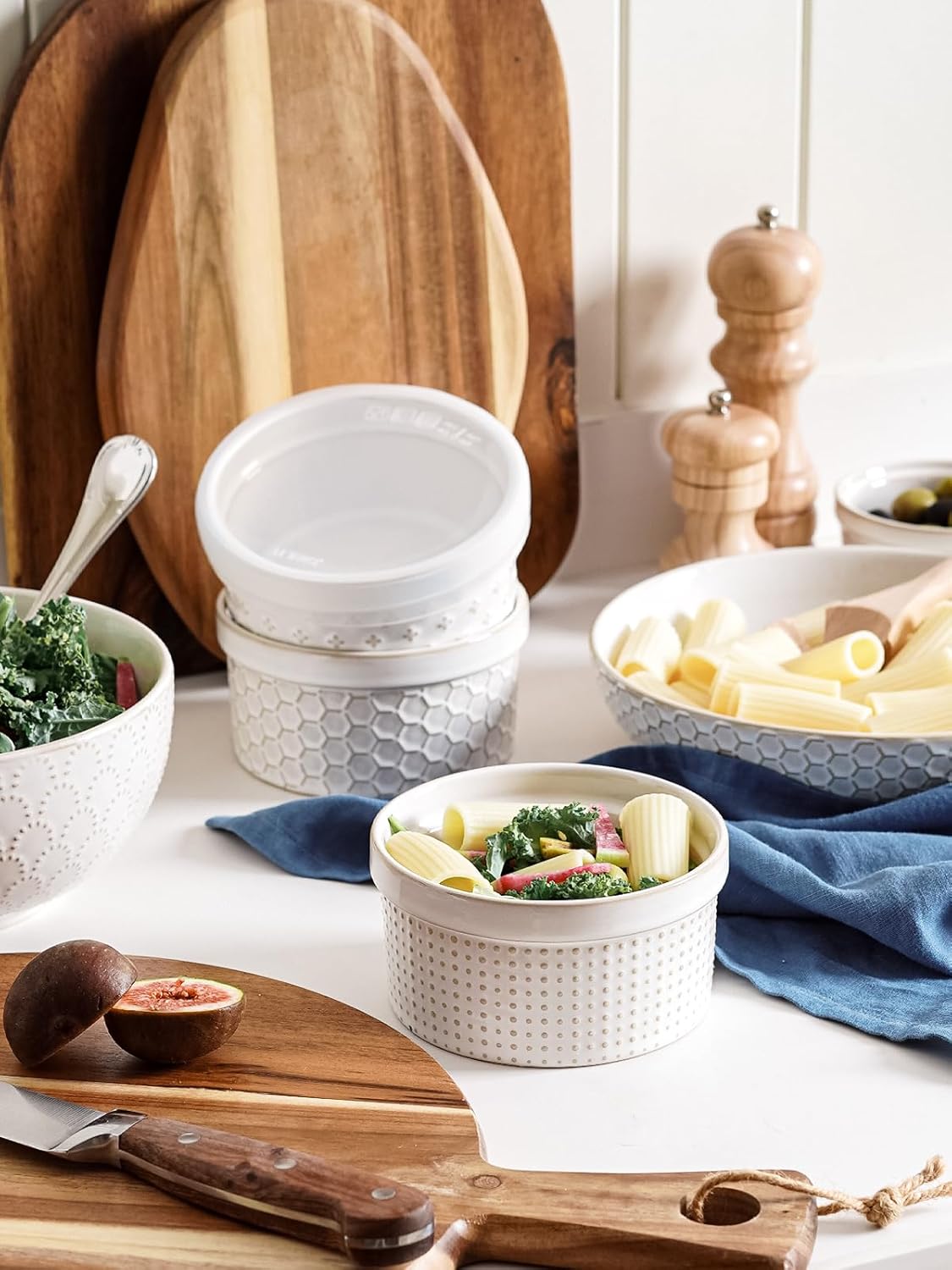 LE TAUCI Ramekins 12 oz, Ramiken for Creme Brulee, Souffle, Dipping Sauce, Ceramic Embossment Housewaming Present -4.8 inch, Set of 4, Arctic White