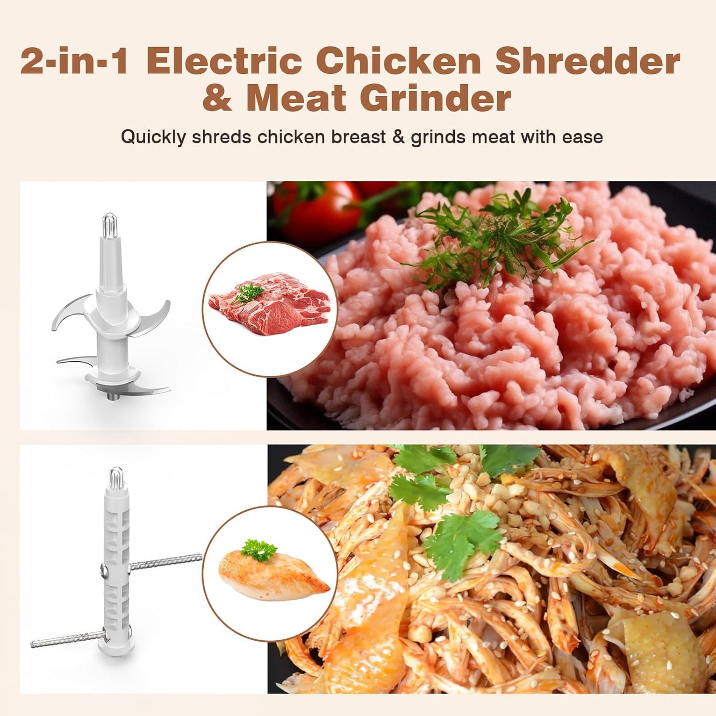 2-in-1 Electric Chicken Shredder & Meat Grinder, 250W Powerful Motor, Dual Blades for Shredding & Grinding, 1.5L BPA-Free Bowl, One-Touch Food Processor for Baby Food, Pet Meals, Fitness Meal Prep