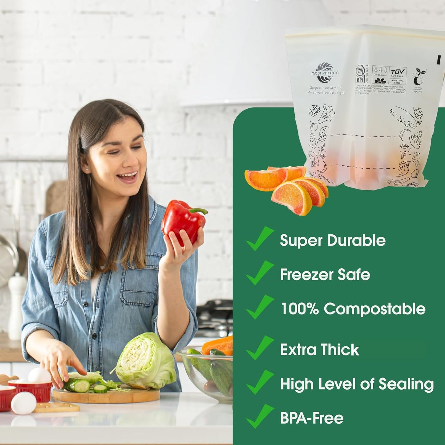 Compostable Food Storage Bags, Resealable Sandwich Bags, 50 Count, 6.7 x 6.8 inches, Extra Thick, Certified US BPI ASTM D6400 Europe OK Compost