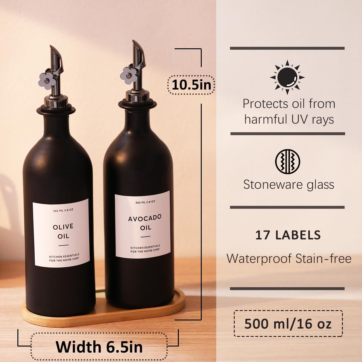 HOMCDALY Olive Oil Dispenser for Kitchen, 16oz Glass Oil Bottles with Bamboo Tray, Black Oil&Vinegar Cruet Set, Kitchen Dispenser Bottles with Pourer | Set of 2 (16oz – Black)