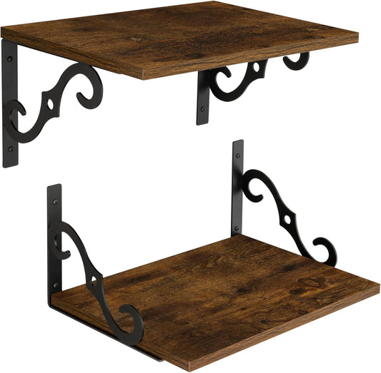 DINZI LVJ Deep Floating Shelves, 16" W x 12" D Wall Shelves Set of 2, Wide Display Shelf Wall Mounted with Brackets, Easy-to-Install Wall Bookshelf for Living Room, Bathroom, Bedroom, Rustic Brown