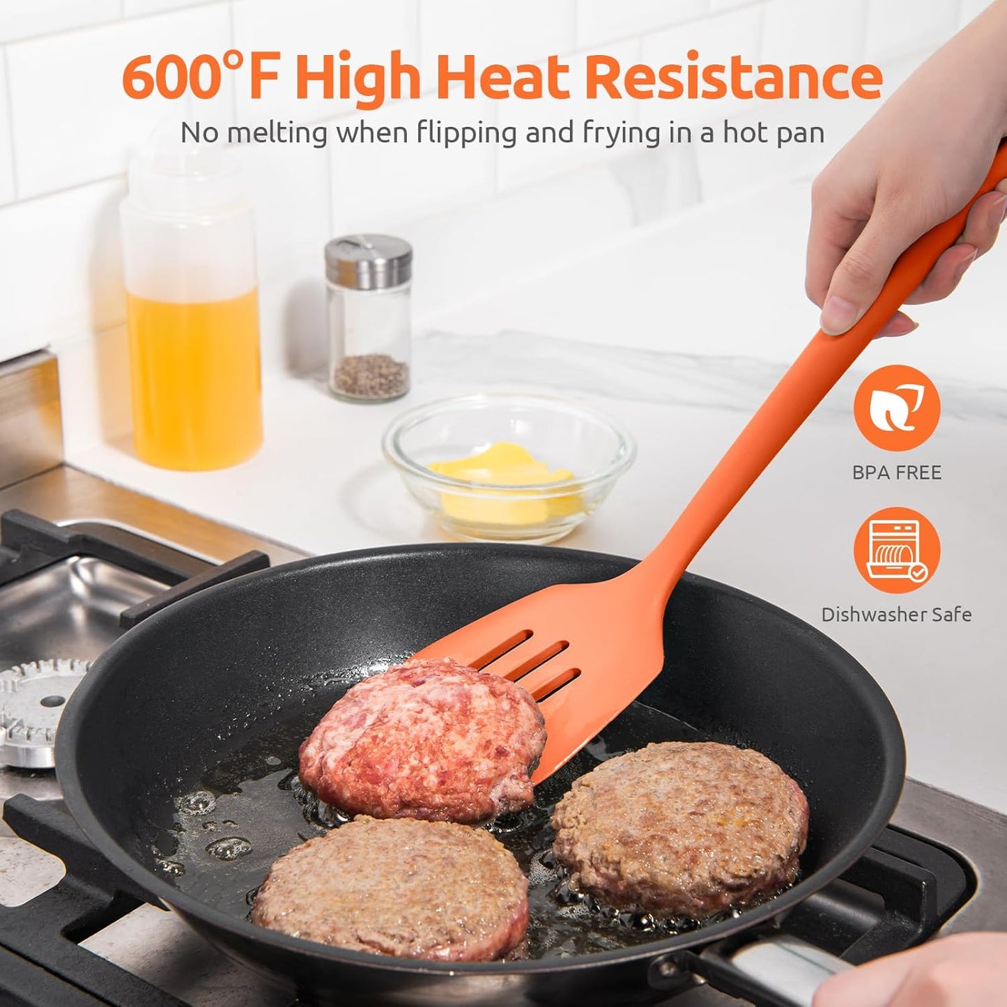 600ºF Heat Resistant Slotted Turner: U-Taste 13.6in Silicone Kitchen Spatula Flipper, 3.74in Wide Food Grade Flexible Thin Rubber Cooking Utensil for Egg, Pancake, Cookie in Nonstick Cookware (Orange)