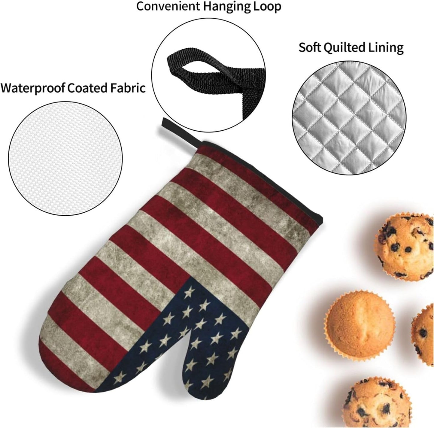 Retro American Flag Oven Mitts and Pot Holders Sets of 4 High Heat Resistant Oven Mitts with Oven Gloves and Hot Pads Polyester Potholders for Kitchen Baking Grilling Non-Slip Cooking Mitts