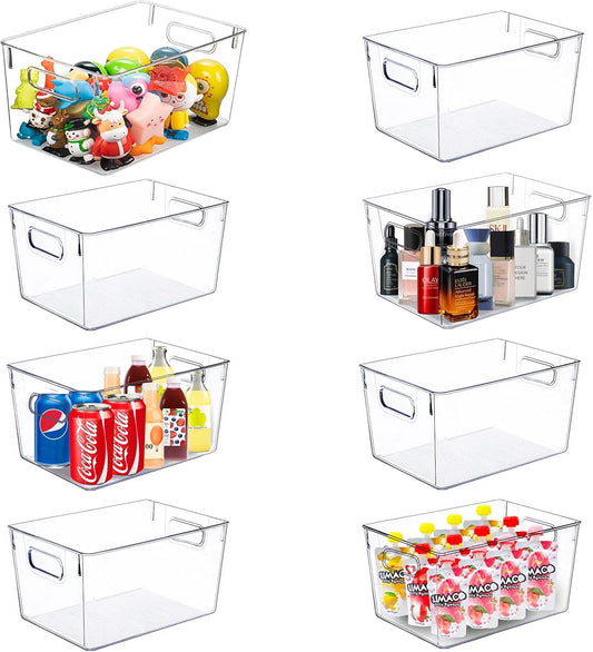 Set of 8 pack Clear Plastic Storage Bins, Pantry Organization and Storage, Clear Organizing Bins for Kitchen Organization, Freeze Storage, Home Edit and Cabinet Organizers (8Large)