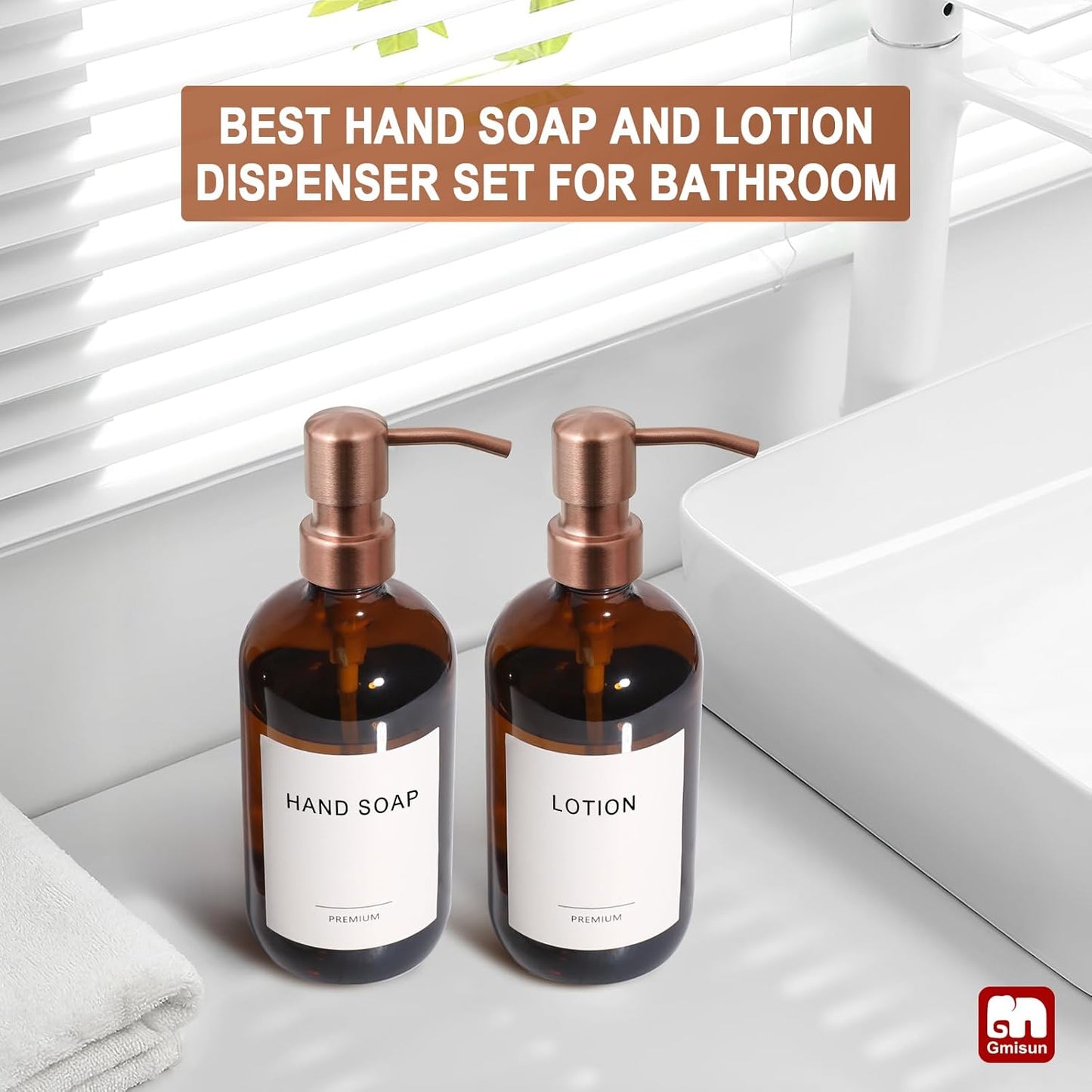 GMISUN Amber Glass Soap Dispenser, 2 Pack Bathroom Hand Soap Dispensers with Rose Gold Pump, 17 Fl Oz Kitchen Hand and Dish Soap Dispenser Set, Modern Vintage Liquid Brown Soap Dispensers Bottle