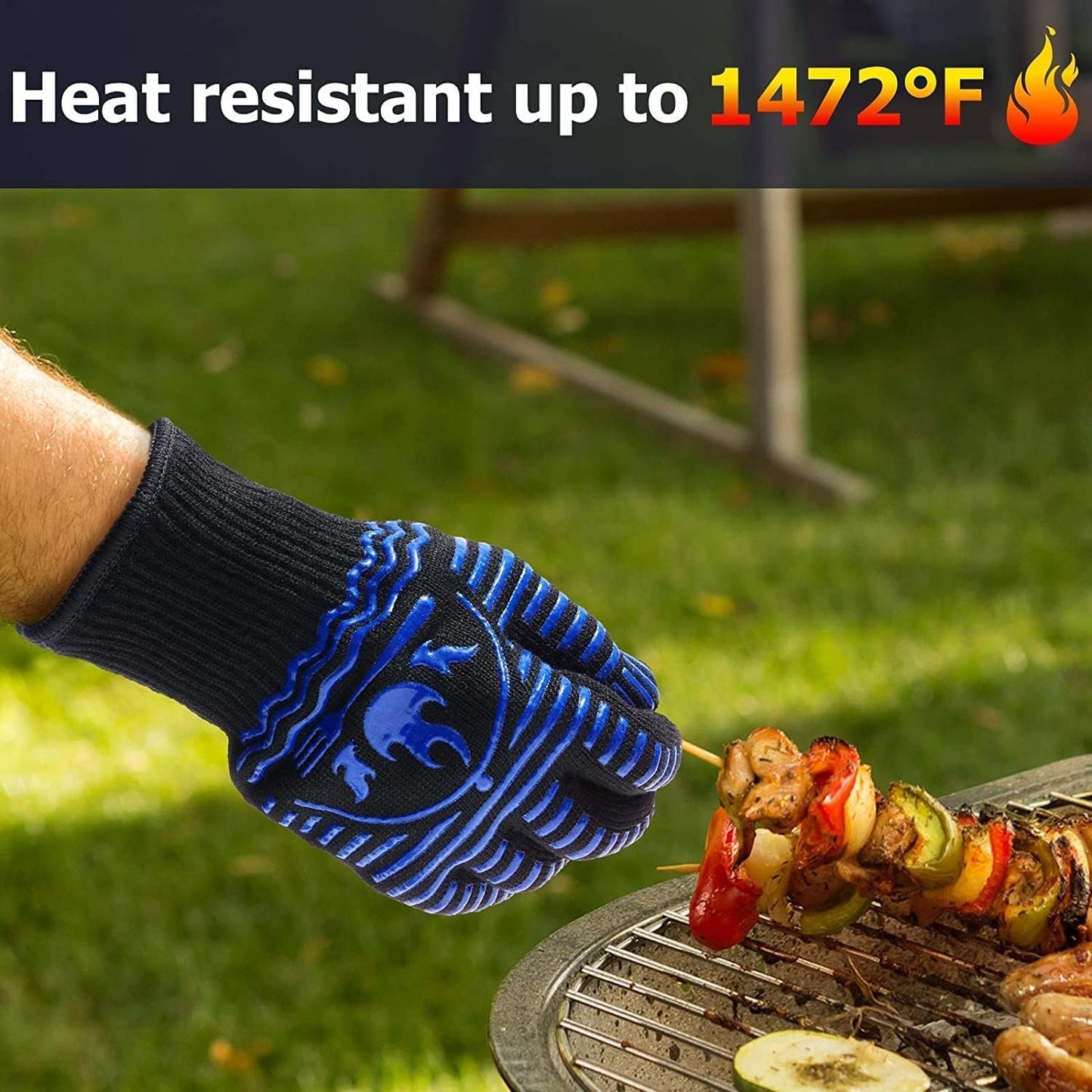 BBQ Gloves, 1472°F Extreme Heat Resistant Grill Gloves, Non-Slip Food Grade Silicone Oven Mitts for Kitchen, Cooking, Barbecue, Baking, Smoker (11inch)