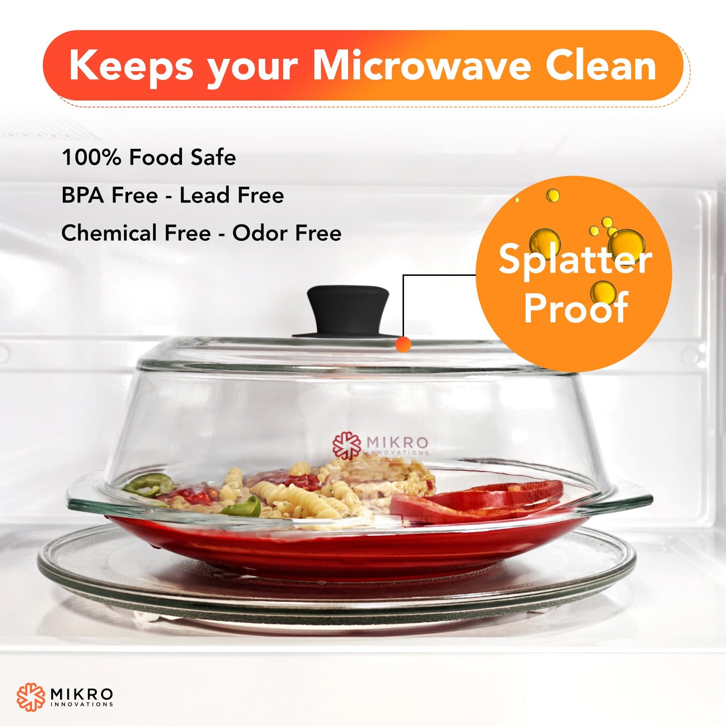 10.5" Tall Glass Microwave Splatter Cover - Sturdy Food-Safe Glass with Easy-Grip Silicone Handle