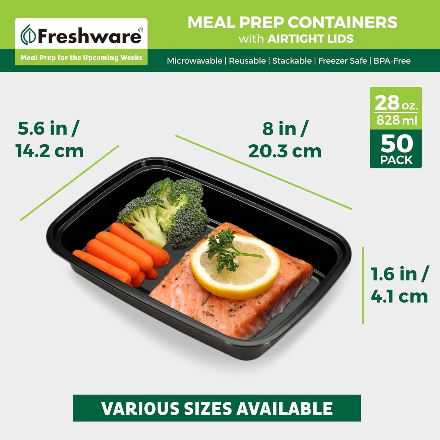 Freshware Meal Prep Containers 1 Compartment Food Storage Containers with Lids, Bento Box, BPA Free, Stackable, Microwave/Dishwasher/Freezer Safe (28 oz), 50 Count (Pack of 6)