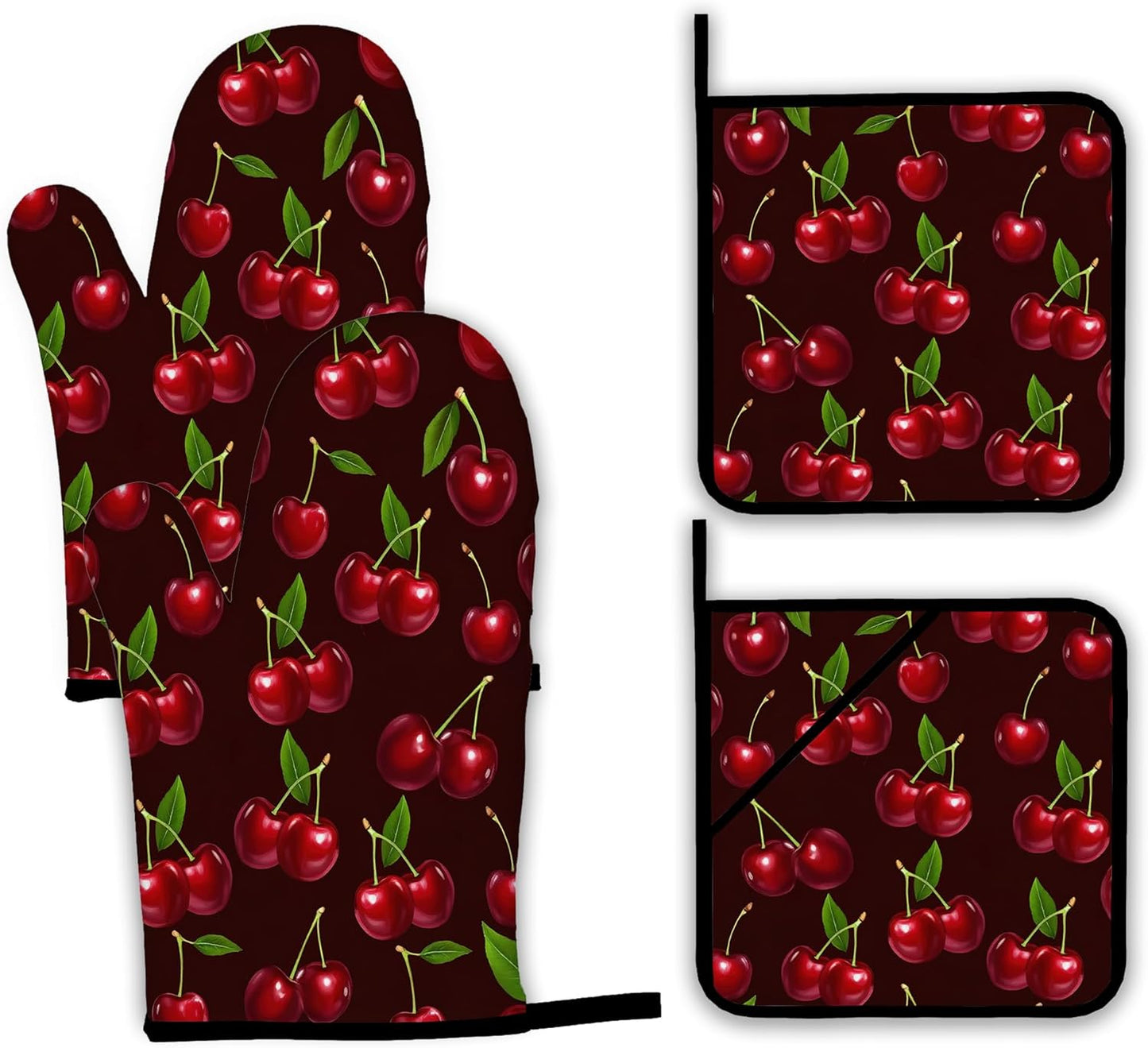 Cherry Oven Mitts and Pot Holders Set,Red Kitchen Decor Heat Resistant Non Slip Hot Pads and Oven Mitt for Chef Cooking Baking BBQ Mom Girl Gifts(4 Piece Set)