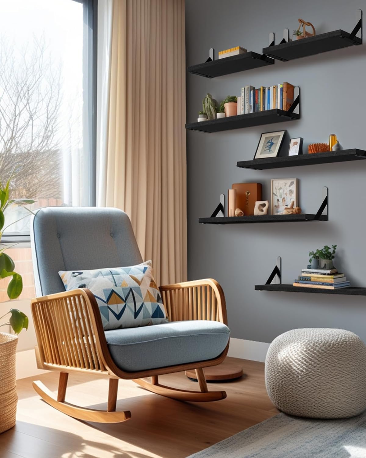 AMADA HOMEFURNISHING Wall Shelves Set of 6, Wood Floating Shelves for Decor, Rustic Farmhouse for Bedroom, Bathroom Storage, Book Shelves for Living Room, Black