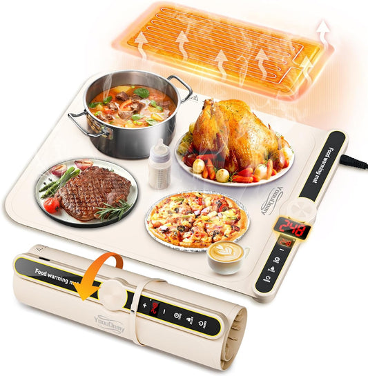 Silicone Warming Mat for Food - Electric Warming Trays for Food with 9 Temperature Settings and 6 Hours Timer, Heating Pad for Food Warming with Full Surface Heating for Buffet Parties(Beige)