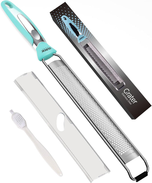 Ourokhome Kitchen Lemon Zester, Stainless Steel Hand Held Parmesan Cheese Grater for Ginger, Chocolate, Coconut, Lime, Nutmeg, Citrus, Fruit, Vegetable with Cleaning Brush, Dishwasher safe, Blue