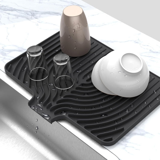 Silicone Drying Mat for Kitchen Counter,18"×12" Silicone Dish Drying Mat with Board Drain,Rubber Kitchen Counter Dry Matt for Dishes Drying Rack(black)