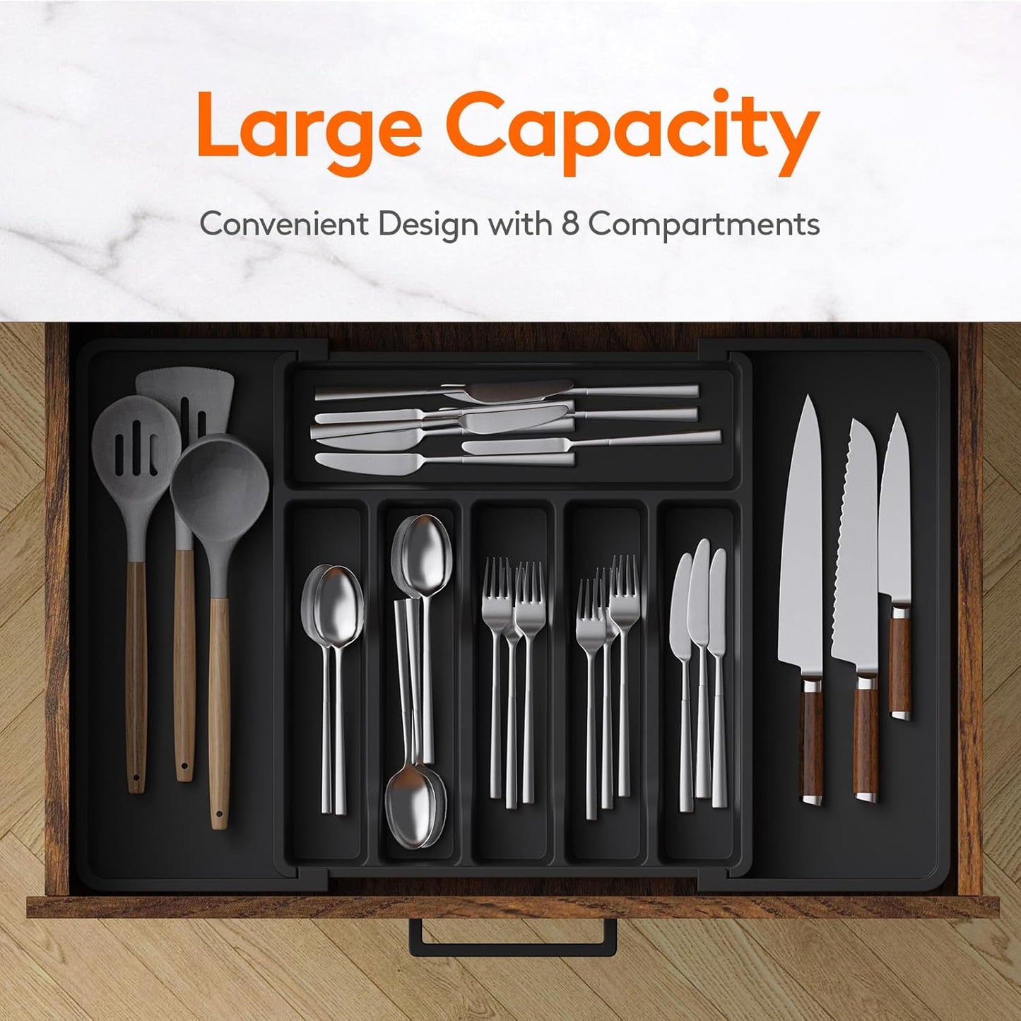 Lifewit Large Silverware Drawer Organizer, Expandable Utensil Tray for Kitchen, BPA Free Flatware and Cutlery Holder, Adjustable Plastic Storage for Spoons Forks Knives, Large, Black