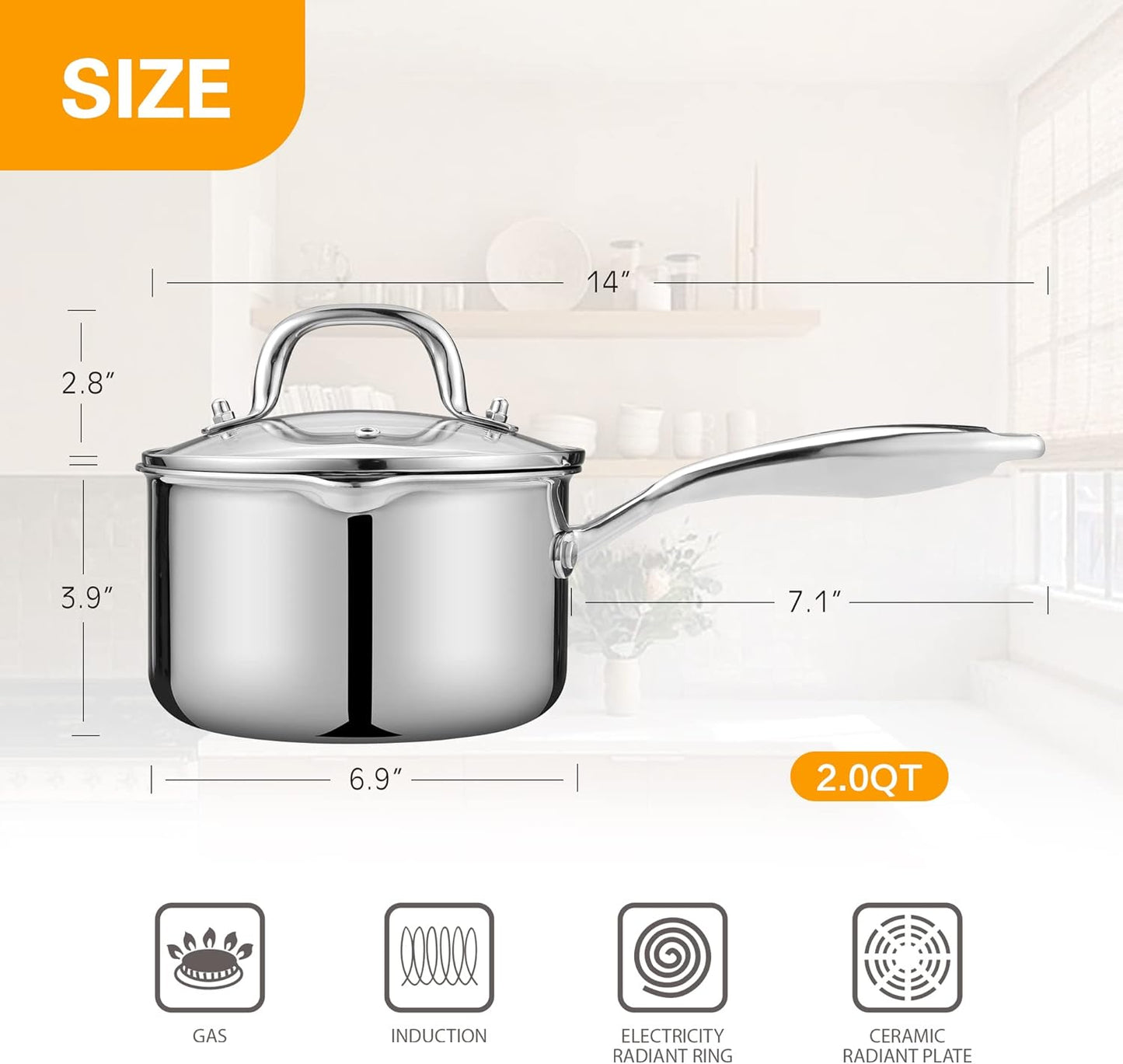 Cyrosa 2.0 Quart Saucepan with Lid, Stainless Steel Sauce Pot with Strainer Lid, Two Side Spouts for Easy Pour with Ergonomic Handle, Dishwasher Safe