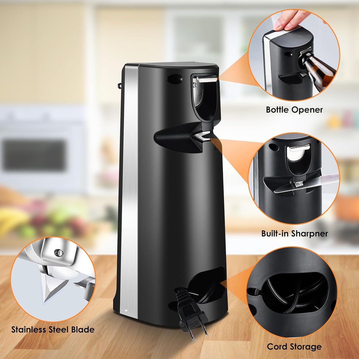 Davivy Electric Can Opener,Stainless Steel Tall Automatic Can Opener, Knife Sharpener and Bottle Opener (Black)