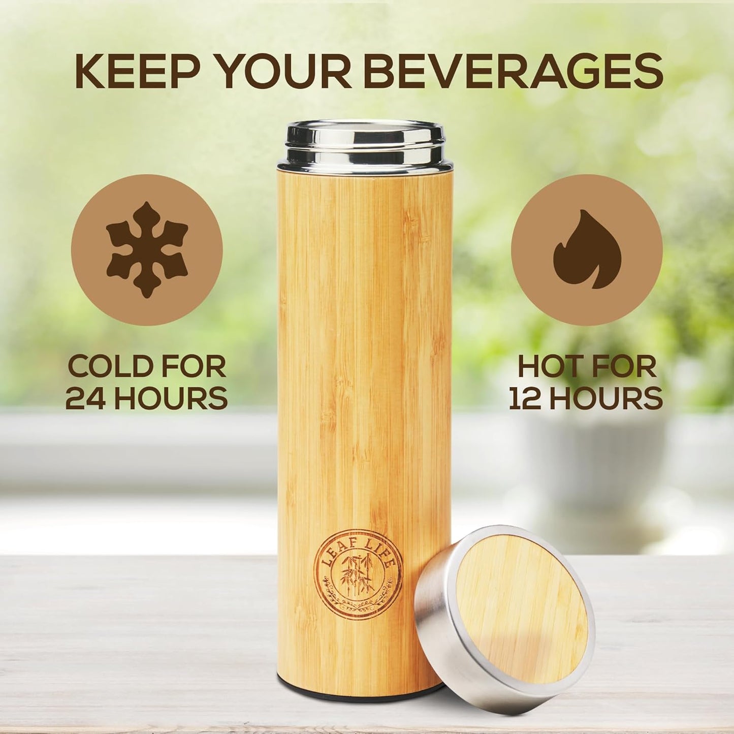 LeafLife Premium Bamboo Tea Bottle for Loose Tea - Tea Infuser Bottle - Tea Gifts - Insulated Water Bottle/Coffee Tumbler/Tea - Tea Gift Set, Tea Accessories - Tea Tumbler 17oz