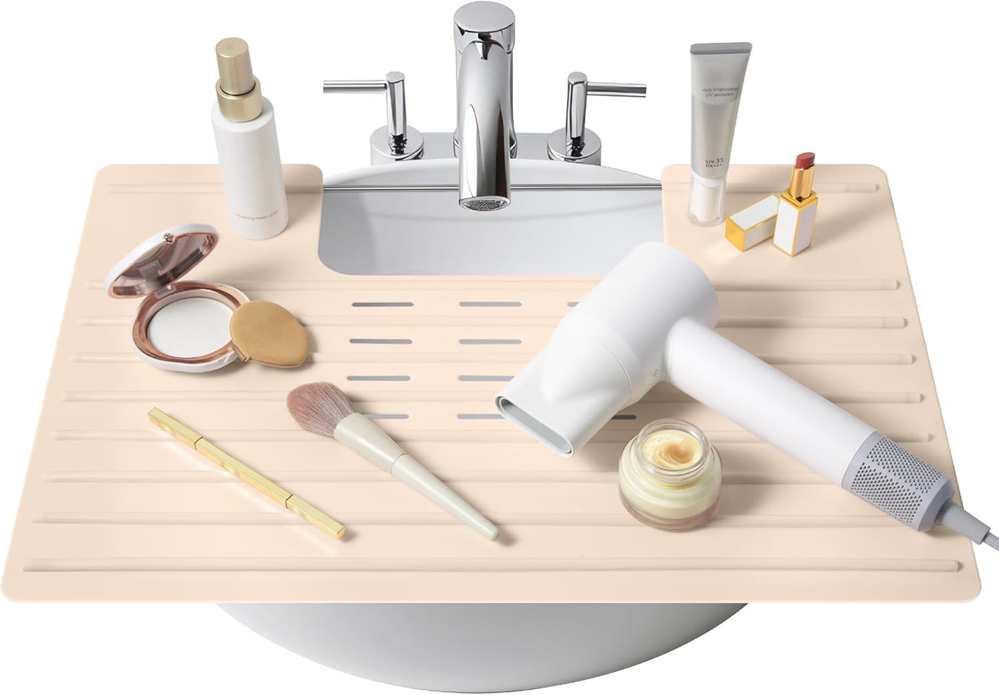 Maplefield Bathroom Sink Mat Cover - Small Beige Silicone - Heat Resistant up to 400°F - Foldable Oval Sink Cover & Makeup Mat with Raised Ridges