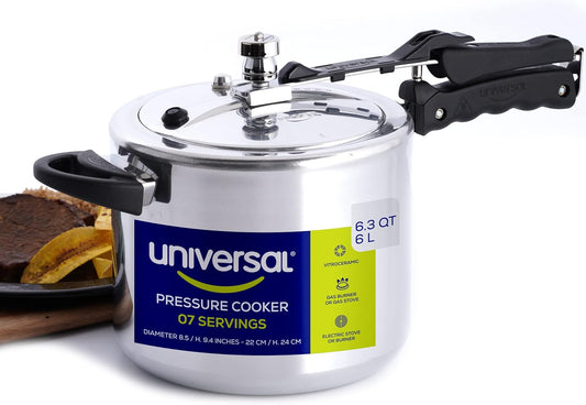 Universal (6.3 Quart / 6 Liter) Pressure Cooker, 7 Servings, Aluminum Pressure Cooker With Multiple Safety Systems and Heat Resistant Handles For Stews, Soup, Meat, and Beans