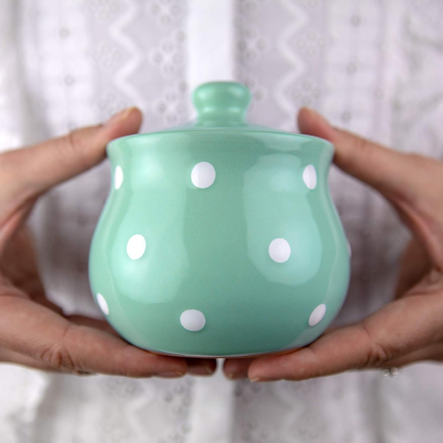 City to Cottage Ceramic Sugar Bowl with Lid, 10oz Sugar Contanier for Coffee Bar, Sugar Dispenser Bowl, Salt - Condiment Pot for Kitchen Counter, Handcrafted turquoise Blue Polka Dot Sugar Jar