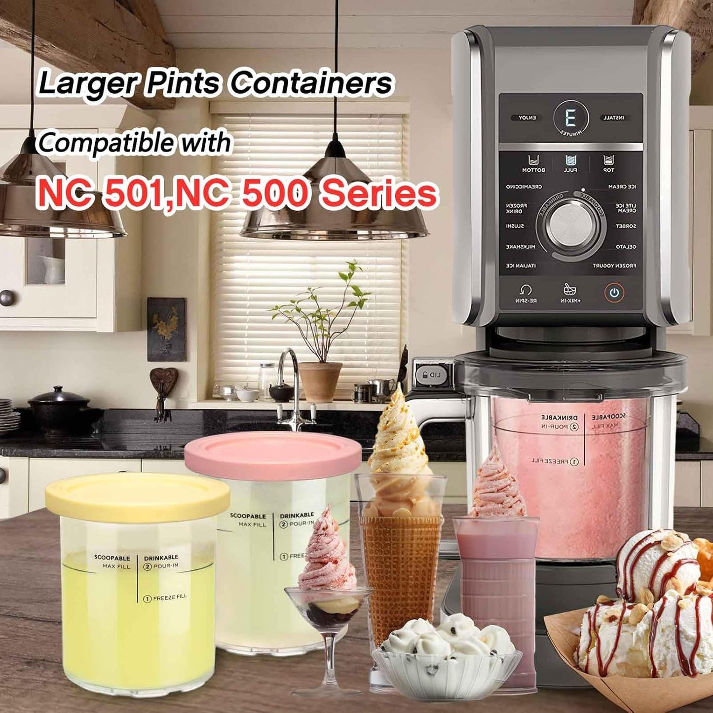 Replacement for Creami Deluxe Pints and Lids 4 Pack,Compatible with Ninja Creami 11-in-1 NC501 NC500 Series Deluxe Ice Cream Maker,24oz Deluxe XL Cups(Yellow,Pink)