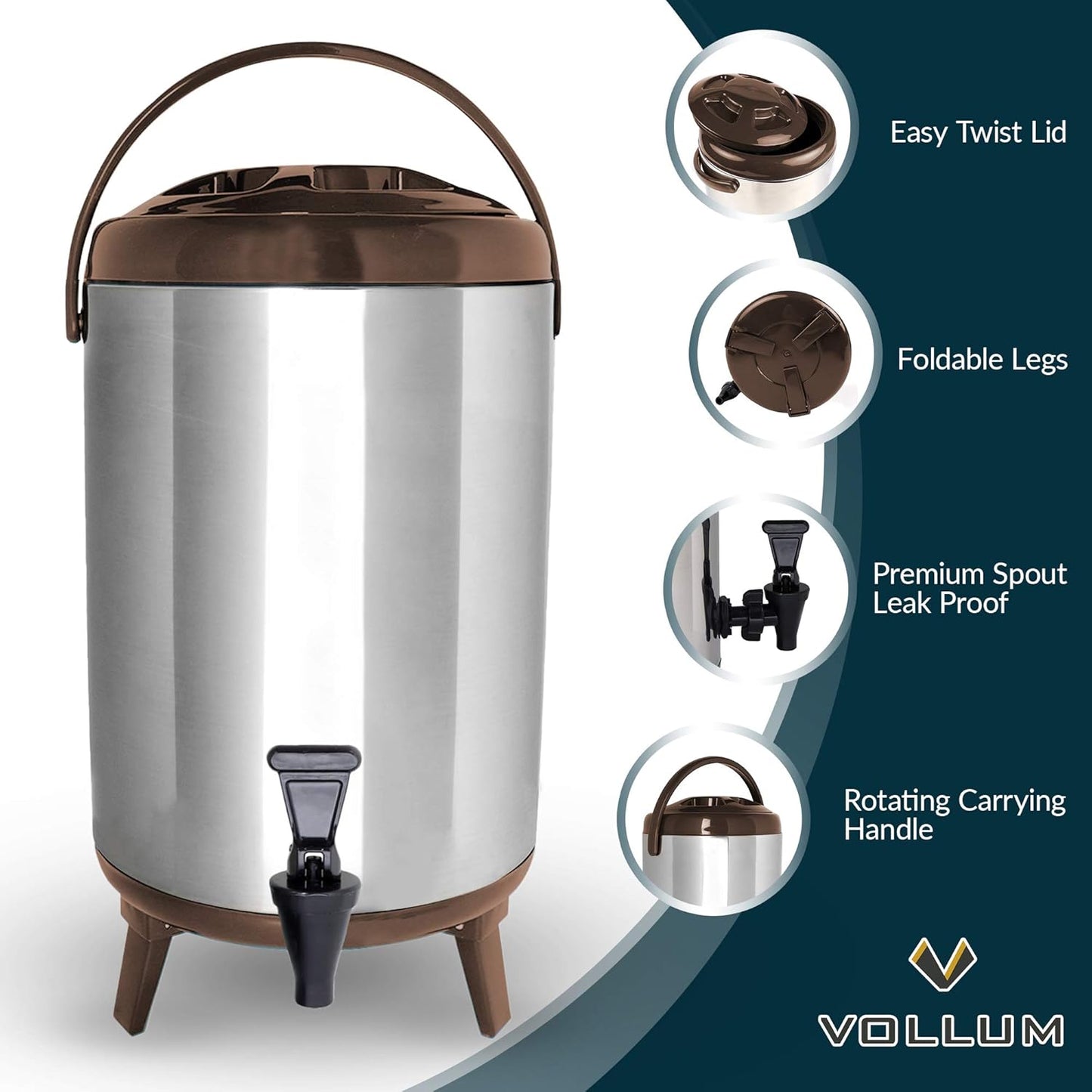 Stainless Steel Insulated Beverage Dispenser – Insulated Thermal Hot and Cold Coffee Carafe – 10 Liter Drink Dispenser with Spigot for Hot Water, Tea & Coffee, Cold Milk, Juice & More BROWN