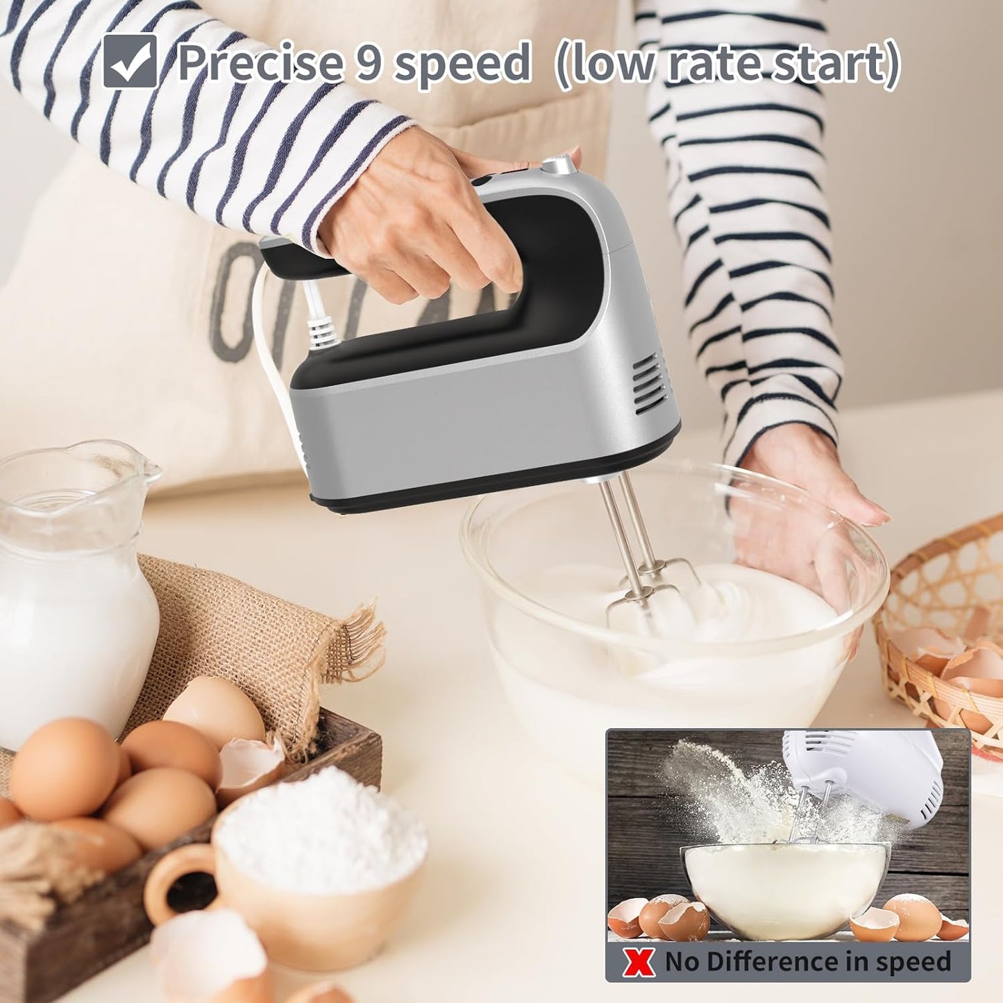 9-Speed Digital Hand Mixer Electric, 400W Powerful DC Motor Low Noise, Baking Mixer Handheld with Snap-On Storage Case, 5x Stainless Steel Accessories, Flat Beaters, Dough Hooks, Whisk