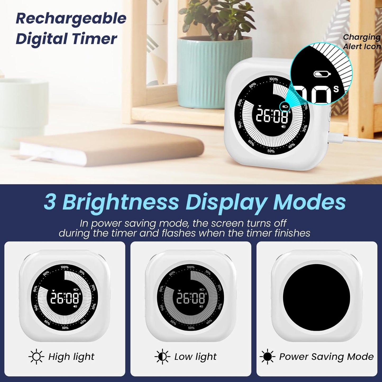 Visual Timer for Kids, 10 Hours Countdown/Up, with Rechargeable, 3 Brightness Display, 3 Volume Levels and Magnetic, Homeschool Study Tool, Large Digital Timers for Kitchen, Classroom