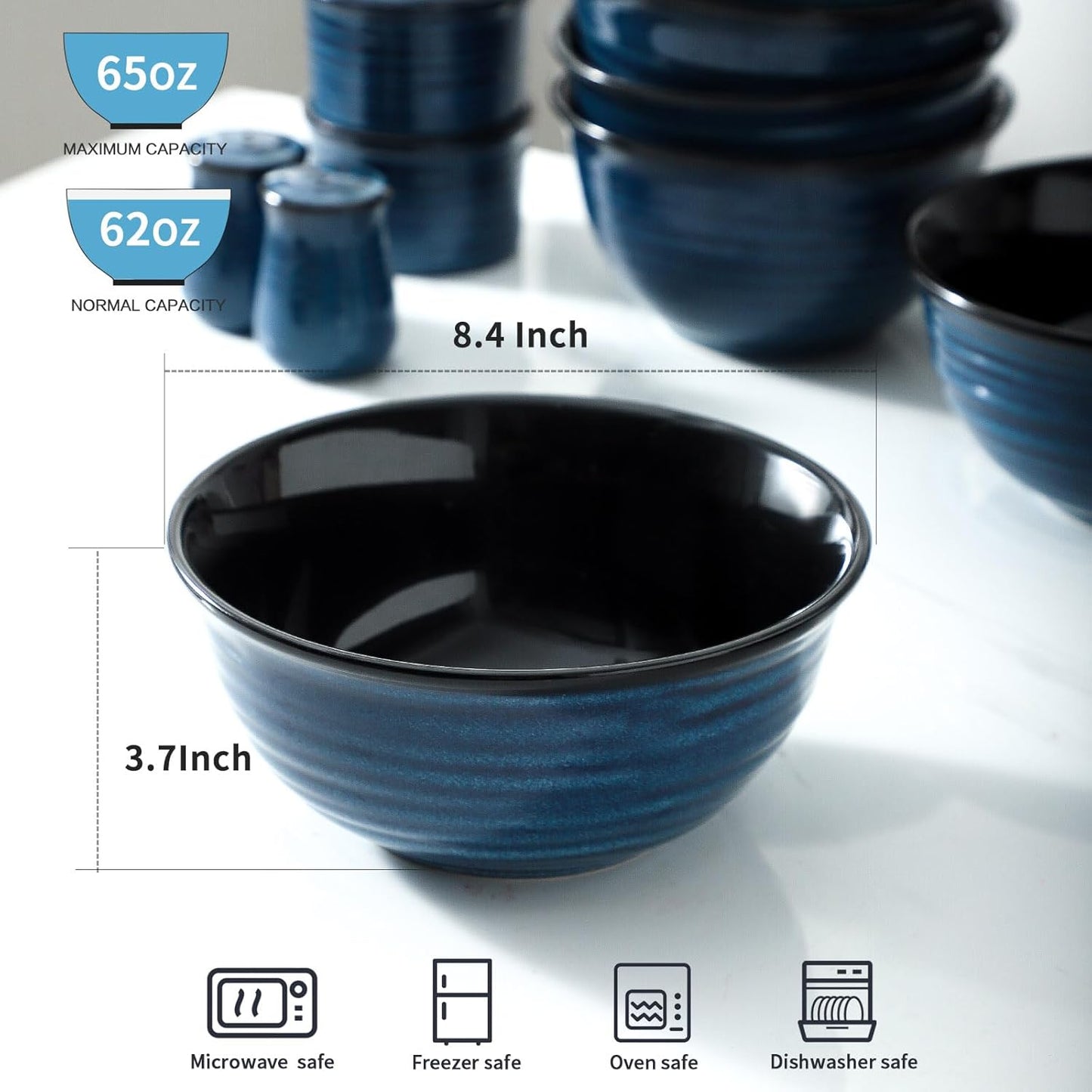 MEKY 65oz Ceramic Mixing Bowls Set of 2, Deep Large Ribbed Serving Bowls for Salad, Pasta, Ramen, Soup, Durable Kitchen Bowl Set, Microwave Oven Dishwasher Safe Porcelain，Blue