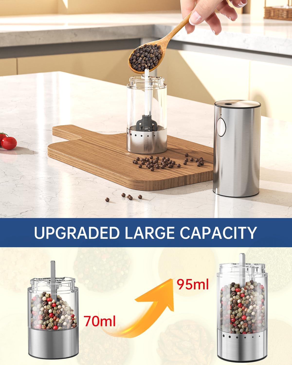 CIRCLE JOY Stainless Steel Electric Pepper Grinder, Rechargeable Pepper Mills with LED Light, 6-Level External Adjustable Coarseness for Easy Use