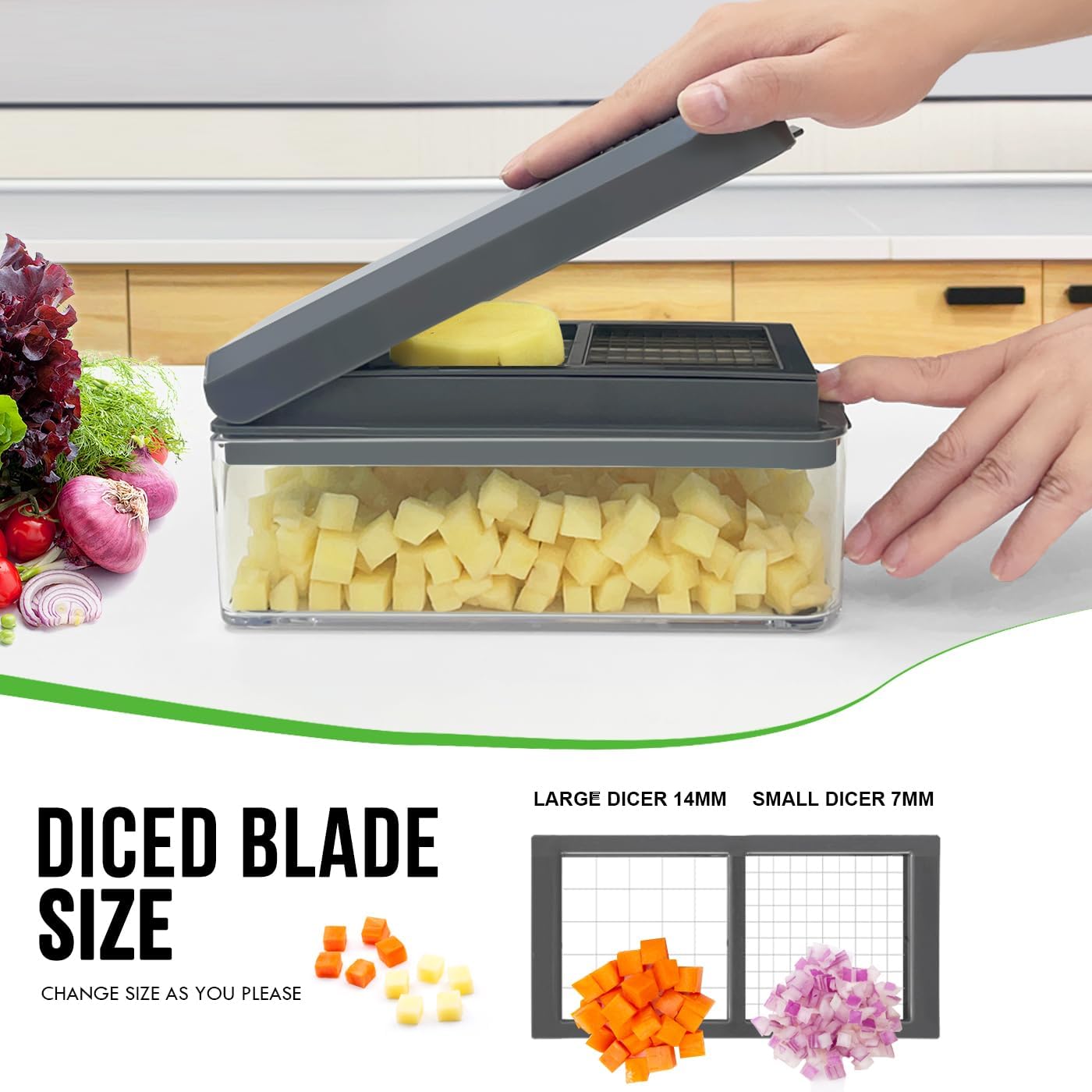 Vegetable Chopper, Onion Chopper Dicer, Mandoline Slicer with Container, Vegetable Cutter for Salad Potato Carrot Garlic（2 Blades, Grey）