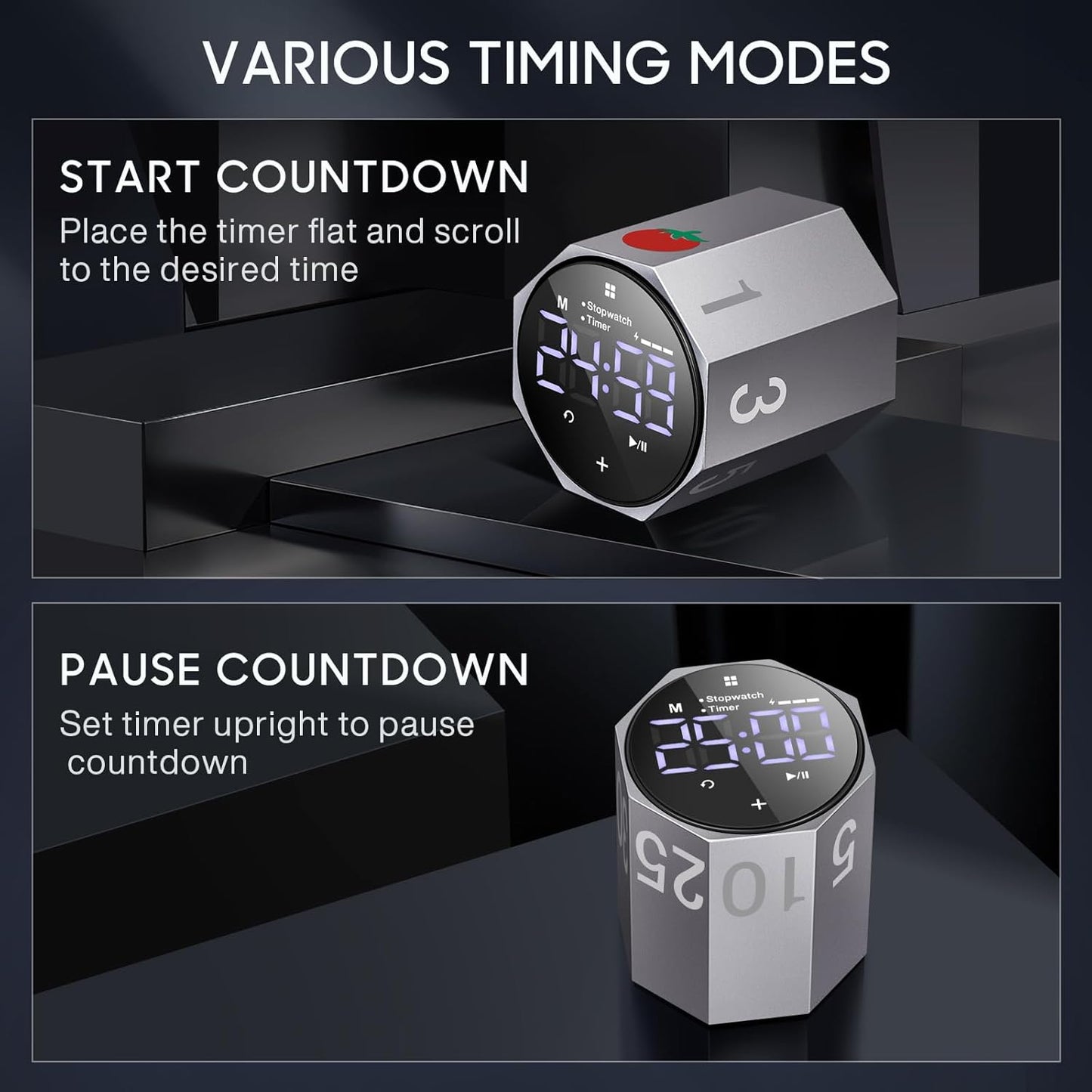 Digital Pomodoro Timer,Frosted Metal Productivity Cube Timer,1.8 in LED Digital Large Screen and Auto-Rotating Display,1/3/5/10/25/30/60min & Custom Time, Silent & Alarm,for Office, Study, Work(Grey)