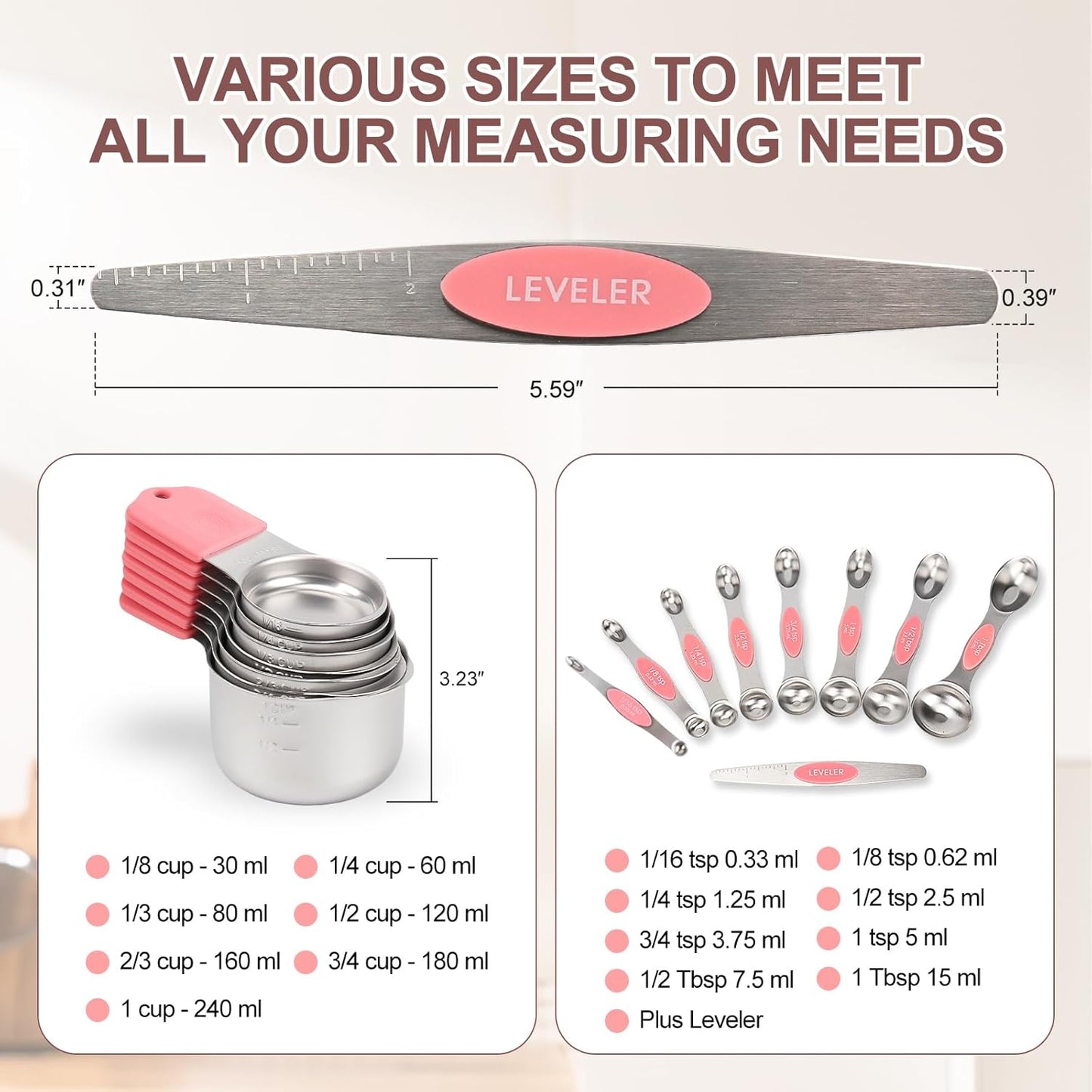 16-Piece Stainless Steel Measuring Cups and Spoons Set, Strong Magnetic Nesting Design 7 Cups 8 Spoons with Leveler, Double Measurement Markings for Dry & Liquid Ingredients, Pink