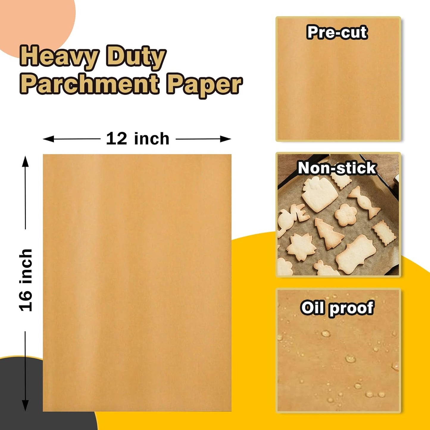 Katbite 12x16 Inch Parchment Paper Sheets, Pre cut Unbleached Baking Paper, Heavy Duty & Non-stick for Half Sheet Baking, Cooking, Grilling Wrapping Foods