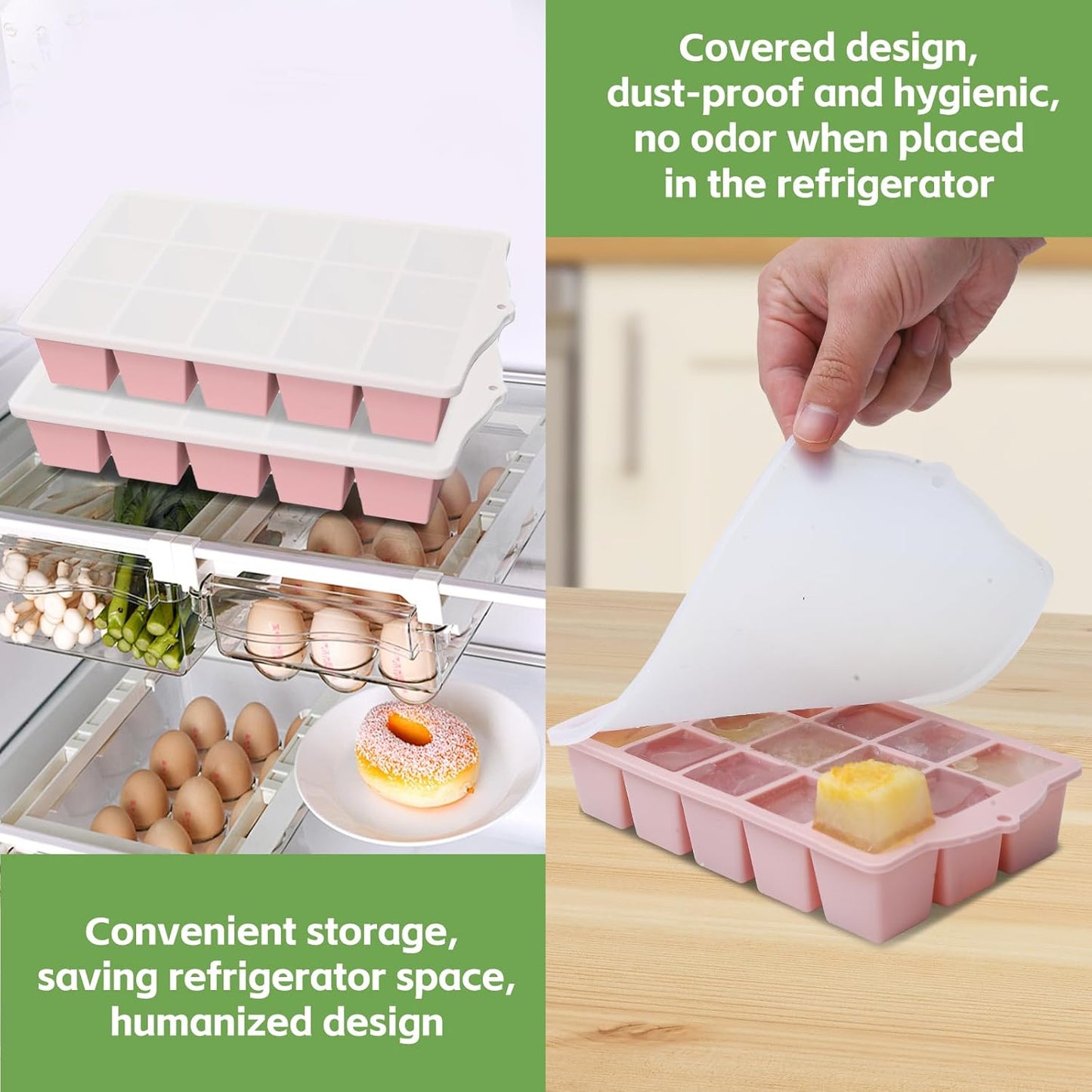 Silicone Ice Cube Tray, 2 Pack Easy-Release Stackable Ice Trays for Freezer with Lid 15 Reusable Cubes, Food Grade BPA Free Ice Molds for Whiskey, Baby Food, Coffee, Cocktail, Drinks (Pink)