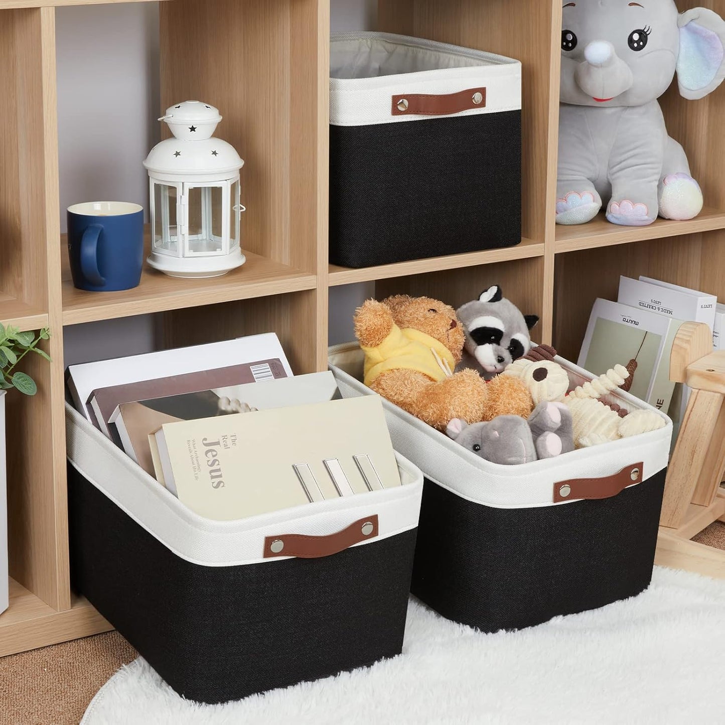 HNZIGE Large Storage Baskets (3 Pack) - Fabric Bins with Leather Handles, Foldable for Organizing Clothes, Toys (Black & White, 15" x 11" x 9.5")